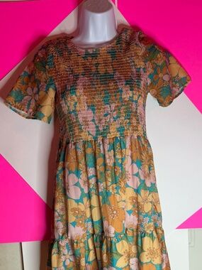 Cottagecore Floral Smocked Midi Dress Boho Prairie Tiered Short Sleeve Small